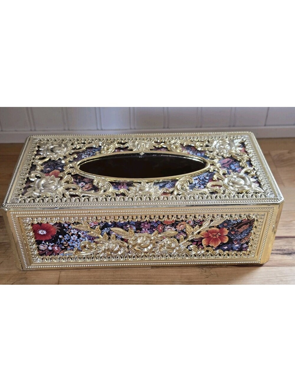 Vtg Hollywood Regency Tissue Box Cover Onate Floral Gold Plastic Rectangular